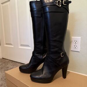 Cole Haan Poppy Bit Black Leather Heeled Boots with Buckle Detail